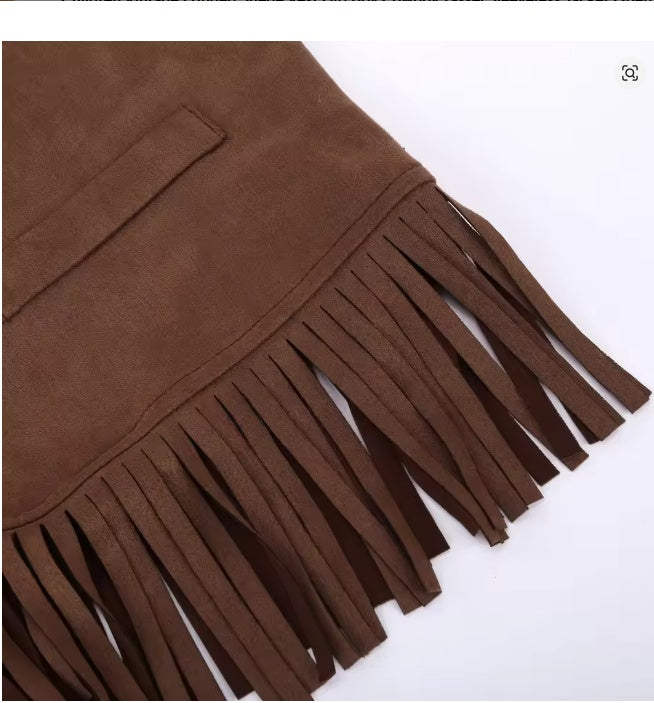 Women's Vintage Suede Fringe Vest – Sleeveless Open-Front Cowgirl Hippie Waistcoat Faux Suede Fringe Crop Vest for Women Western Cowboy Outfits Boho Open Front Tassel Suede Waistcoat Hippie Festival Vest