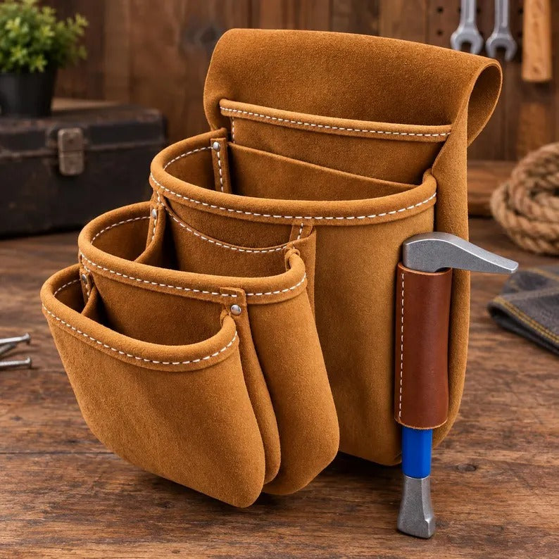 Professional Leather Tool Belt Rig with Adjustable Suspenders & Suede Pouches – Heavy Duty Carpenter & Electrician Work Apron