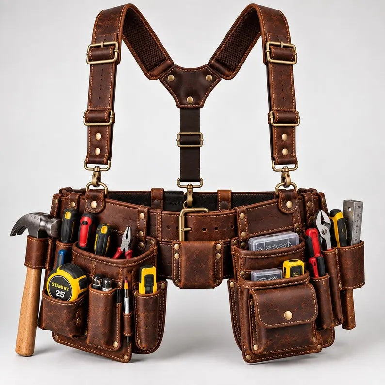 Heavy-Duty Genuine Leather Work Tool Belt Rig with Adjustable Suspenders