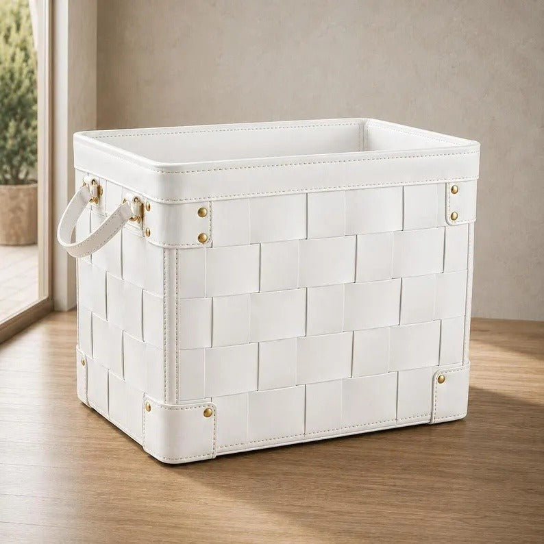 Modern Woven Leather Storage Bin with Brass Hardware