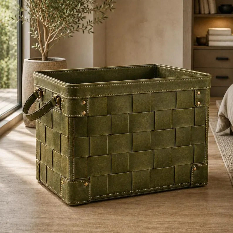 Handcrafted Woven Faux Leather Storage Basket with Side Handles & Brass Stud Accents – Olive Green Accent Organizer Bin