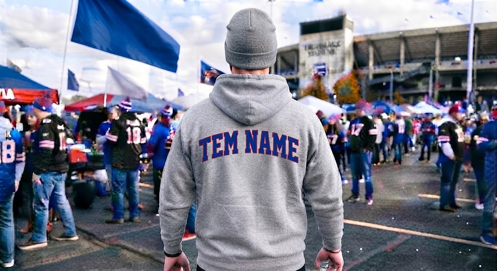 Bills Mafia Tailgate Spirit: Front & Back Views of a Fan in Gray Hoodie