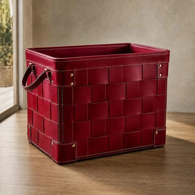 Woven Leather Storage Bin in Deep Burgundy
