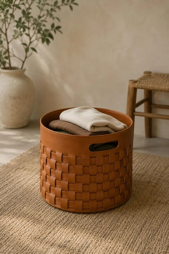 Handwoven Cognac Leather Storage Basket with Cutout Handles Modern Woven Faux Leather Storage Bin | Warm Tan Round Laundry & Towel Organizer Minimalist Cognac Brown Leather Woven Basket for Home Organization & Storage