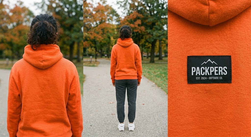 PACKPERS Orange Pullover Hoodie with Back Mountain Label