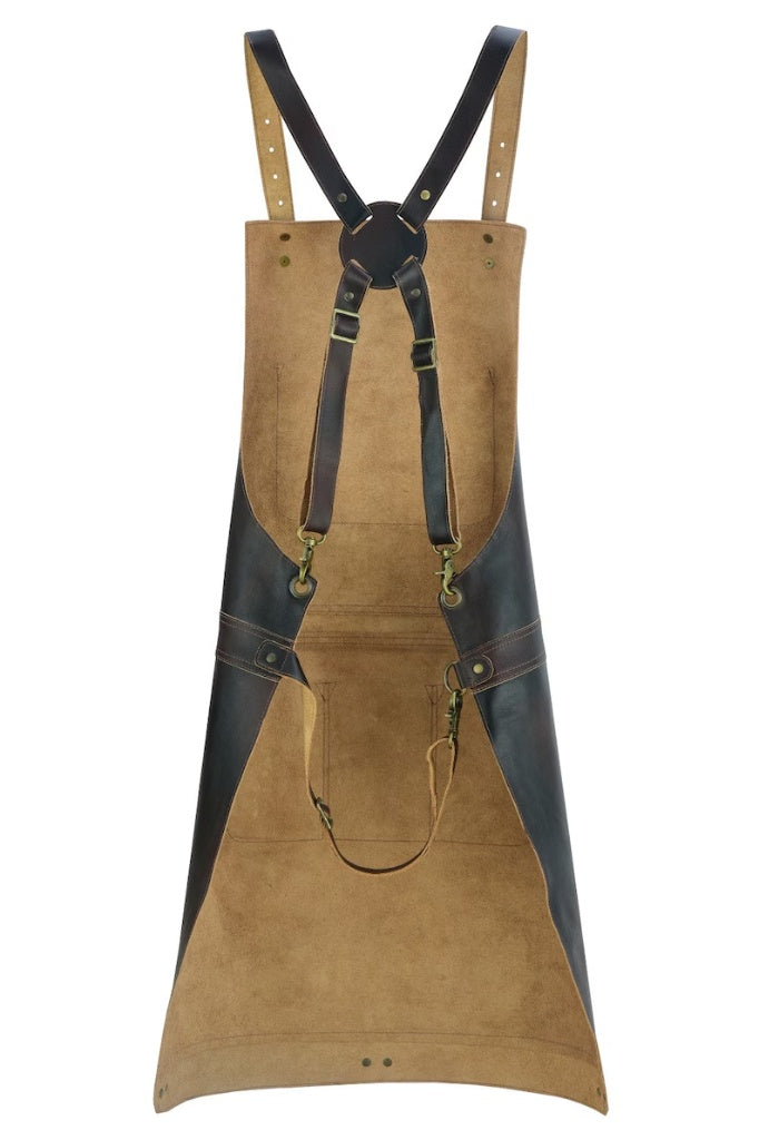 Genuine Leather Work Apron – Heavy Duty Adjustable Cross-Back Straps with Multi-Pockets & Metal Towel/Tool Rings