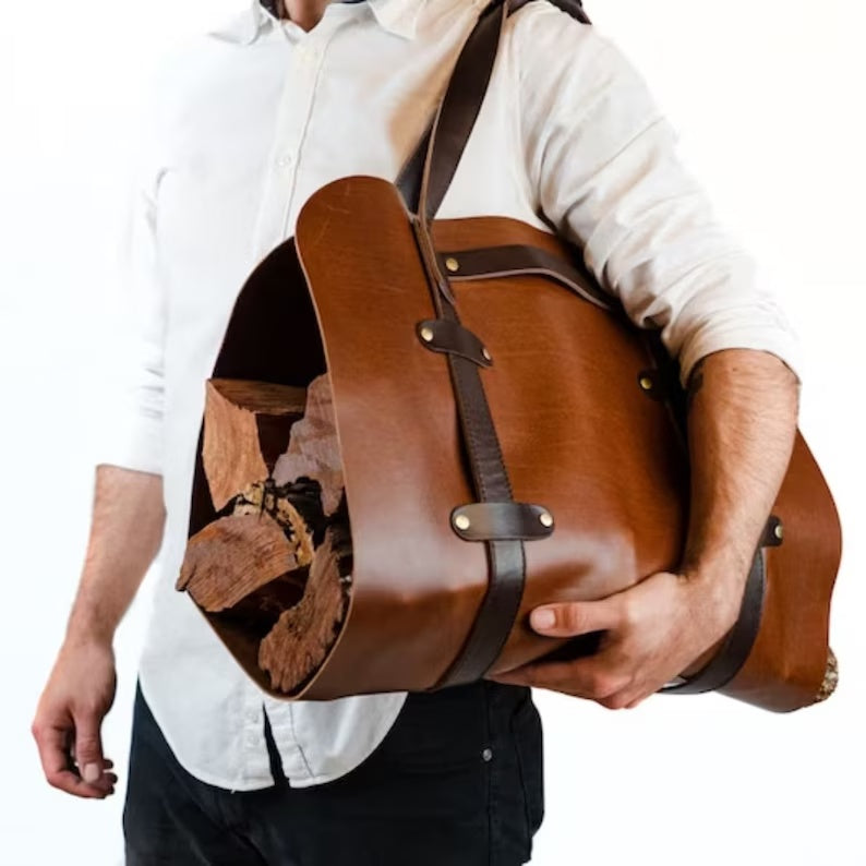 Leather Log Carrier and Firewood Holder Stand Set