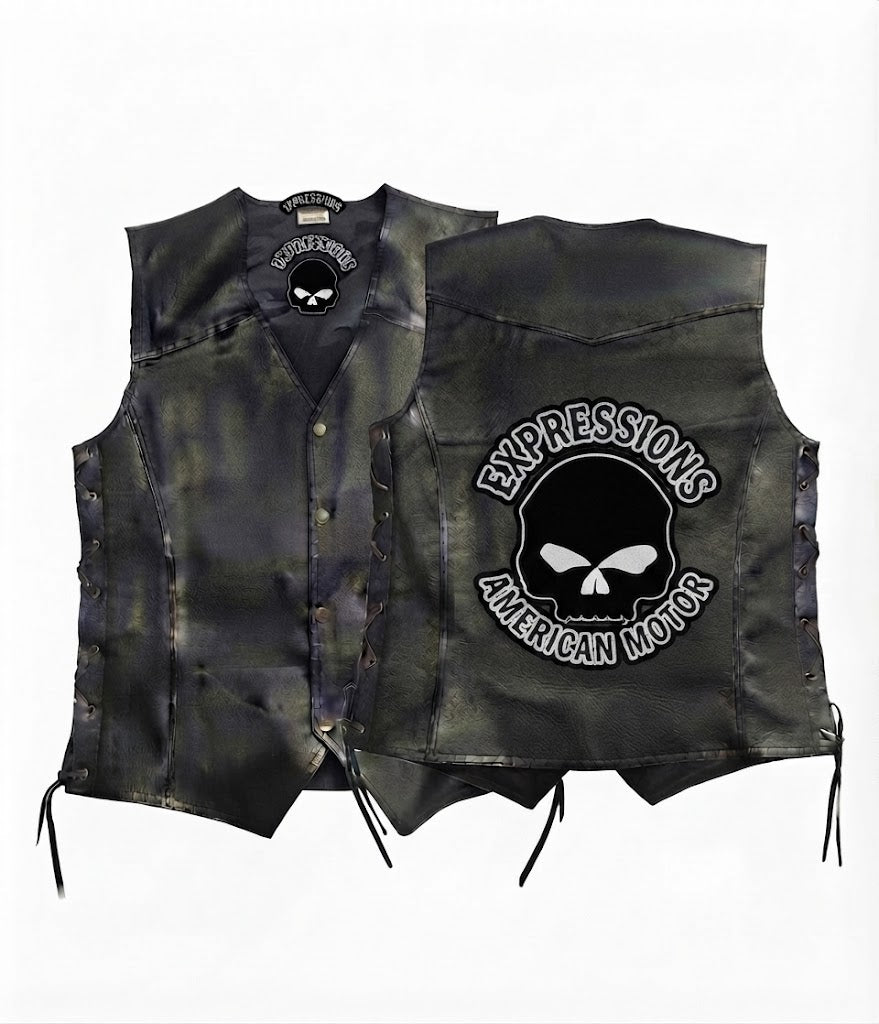Men's Camo Leather Biker Vest with Skull Patch & Side Lacing – Vintage Black/Grey Motorcycle Club Vest