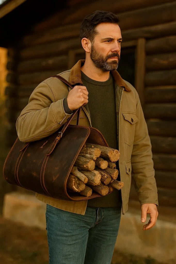 Rustic Genuine Leather Firewood Carrier & Log Tote Bag