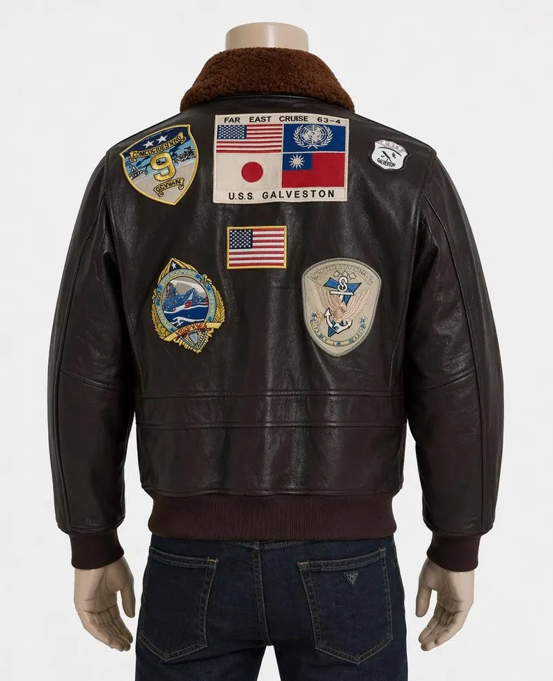 Men's Brown Leather Flight Jacket with Authentic Military Patches and Shearling Collar