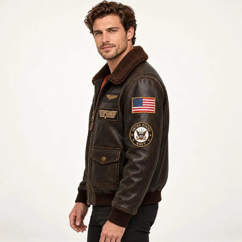 Men's Vintage Brown Faux/Genuine Leather Top Gun Flight Bomber Jacket with Fur Collar and Military Patches