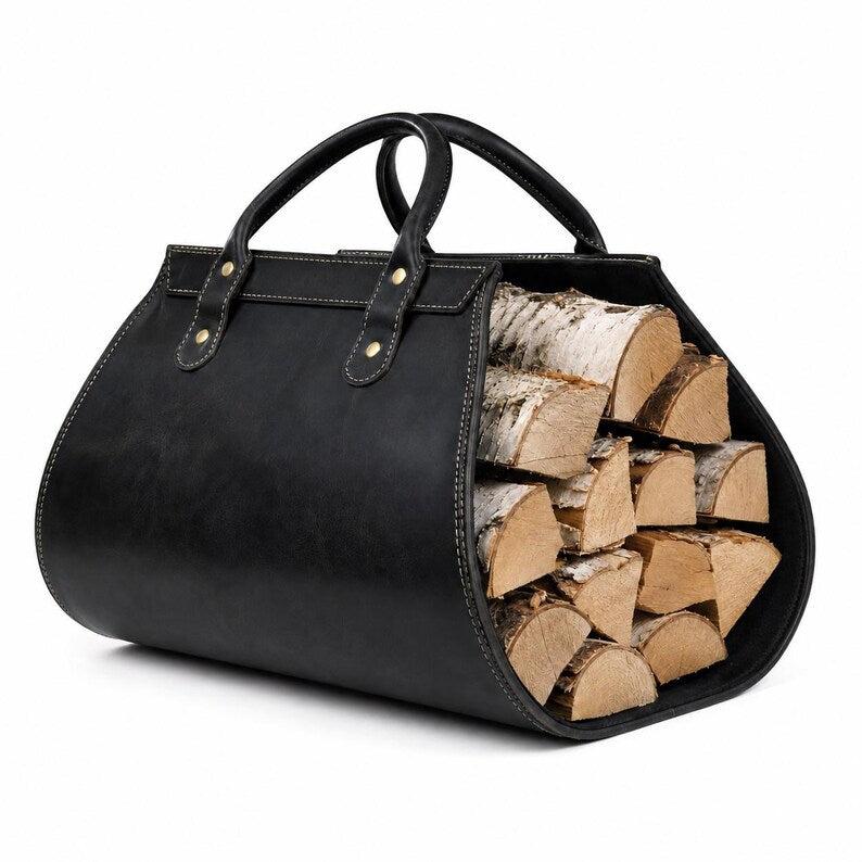 Premium Leather Firewood Carrier Bag with Sturdy Handles & Open-End Design