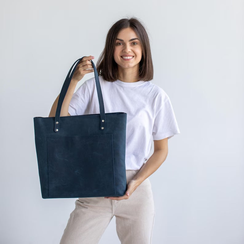 Handmade Leather Tote Bag with Zipper Closure & Removable Crossbody Strap – Versatile Everyday Work & Travel Purse