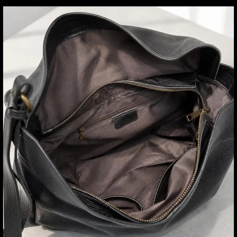 Genuine Leather Slouchy Hobo Shoulder Bag with Fold-Over Flap and Adjustable Strap