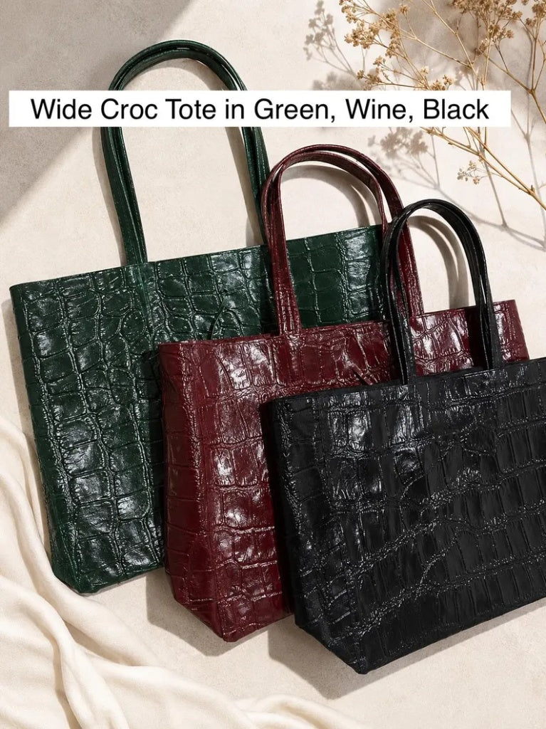 Wide Croc Tote in Green, Wine, Black