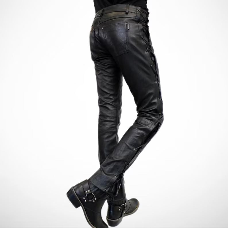 Men’s Side Lace-Up Real Leather Biker Pants | Slim Fit Leather Trousers