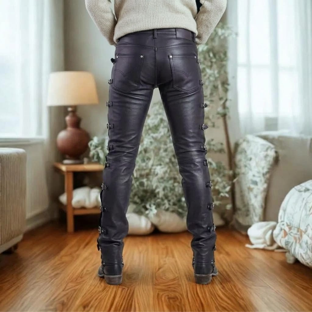 Men's Slim-Fit Genuine Leather Pants with Side Buckle Straps – Biker & Gothic Style