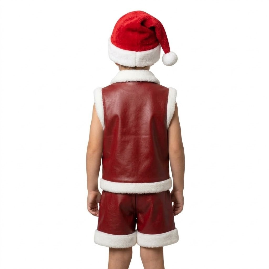 Kids' Christmas Santa Leather Vest & Shorts Outfit Set with Santa Hat