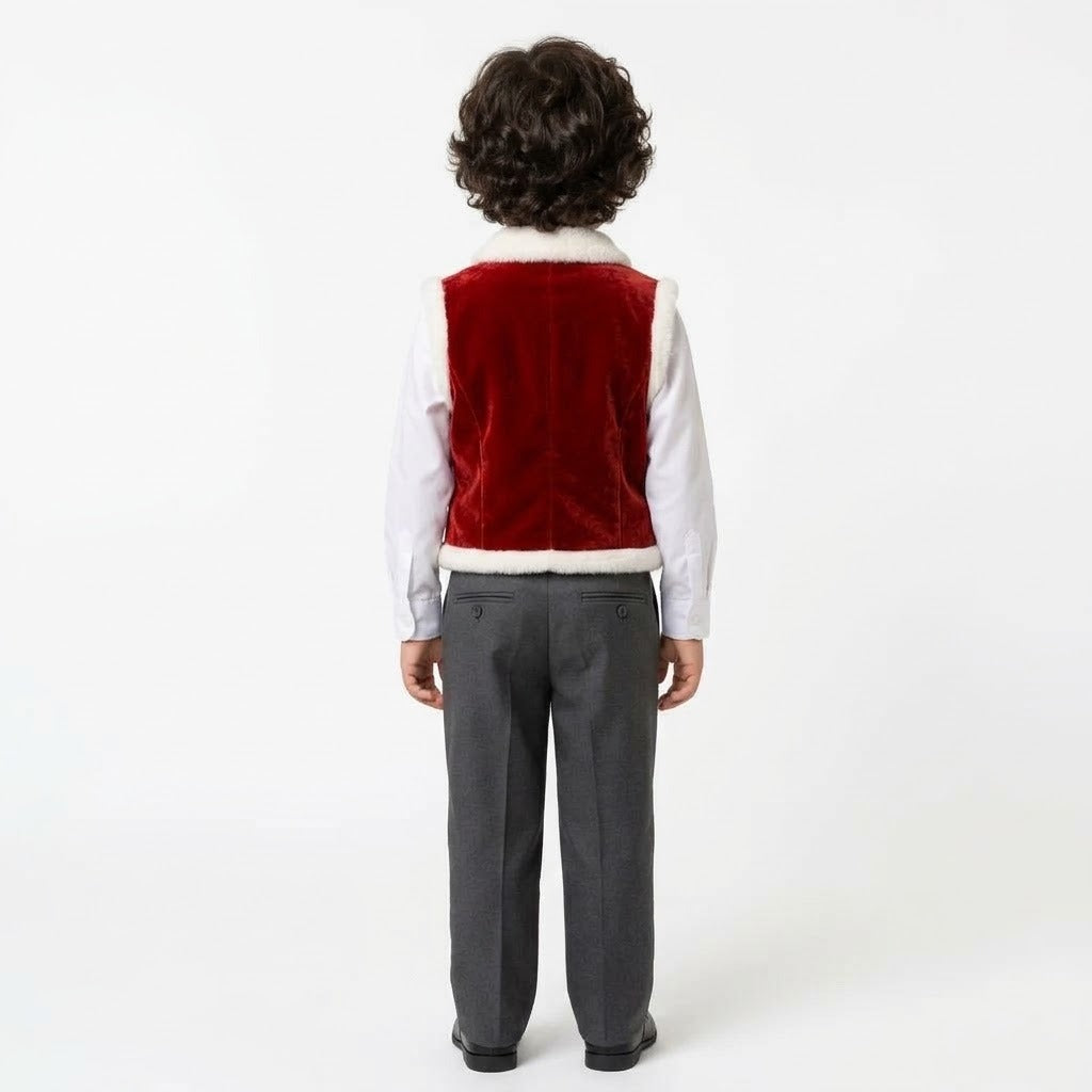 Boys' Red Velvet Holiday Vest Outfit – Plush Fur-Trimmed Waistcoat with White Dress Shirt, Matching Tie, and Charcoal Trousers