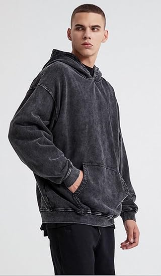 Mens Oversized Hoodies Vintage Acid Wash Pull Up Black Hoodies Heavy Cotton Vintage Aged Sweatshirt Casual