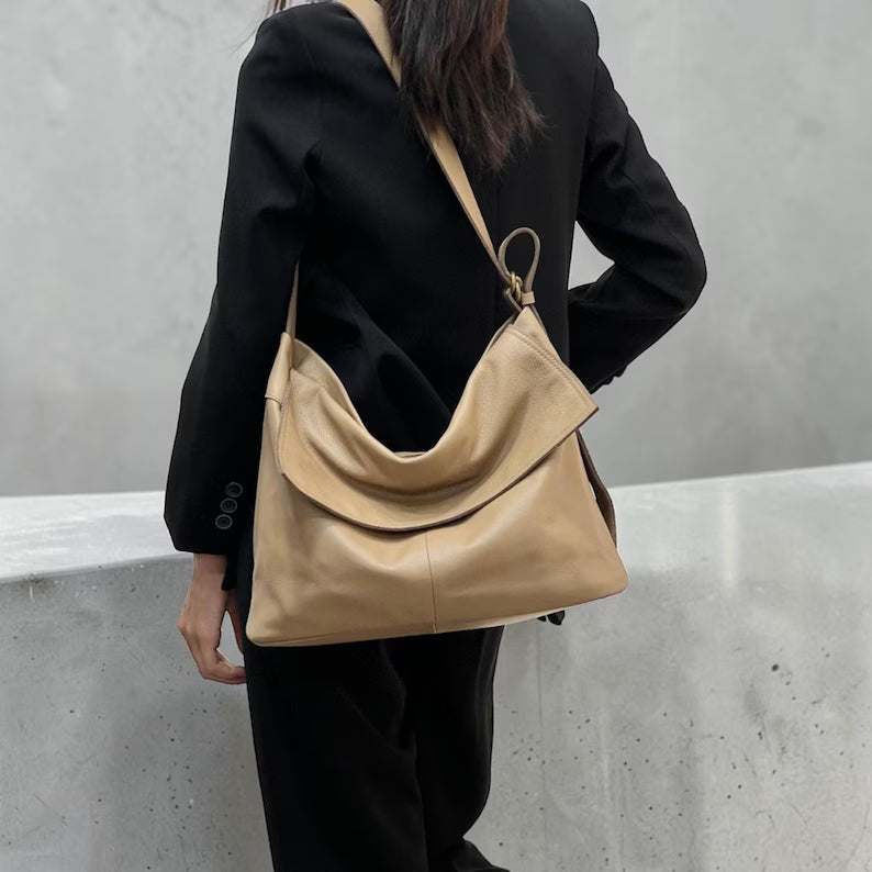 Soft Genuine Leather Slouchy Shoulder Bag / Convertible Hobo Crossbody