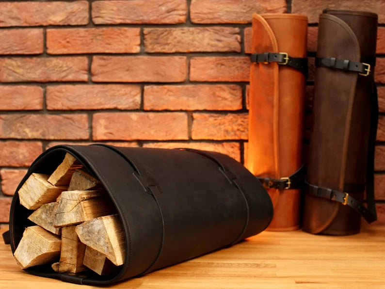 Handcrafted Genuine Leather Firewood Carrier & Log Tote Bag