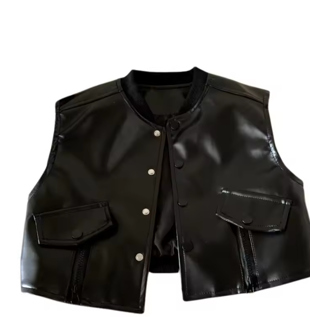 Women's Edgy Faux Leather Cropped Vest with Pockets – Black Biker Gilet