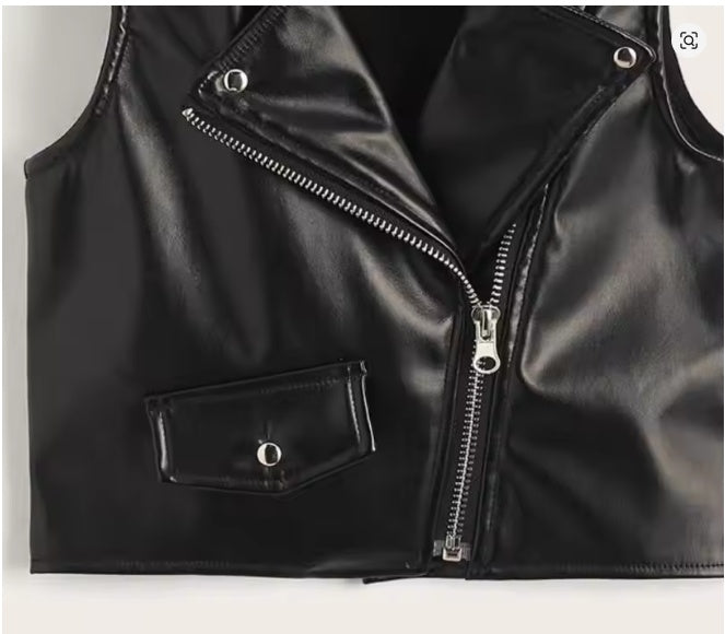 Girls Edgy Asymmetric Zipper PU Leather Biker VestKids Black Faux Leather Moto Vest with Lapel Collar and PocketsGirls Black PU Leather Sleeveless Biker Jacket