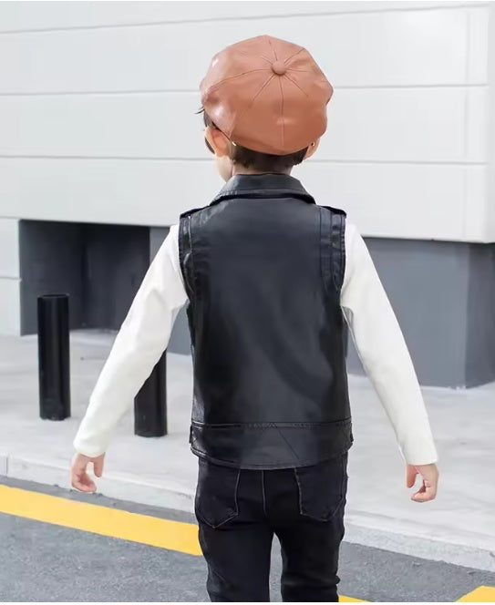 Stylish Boys' Faux Leather Biker Vest & Outfit Set