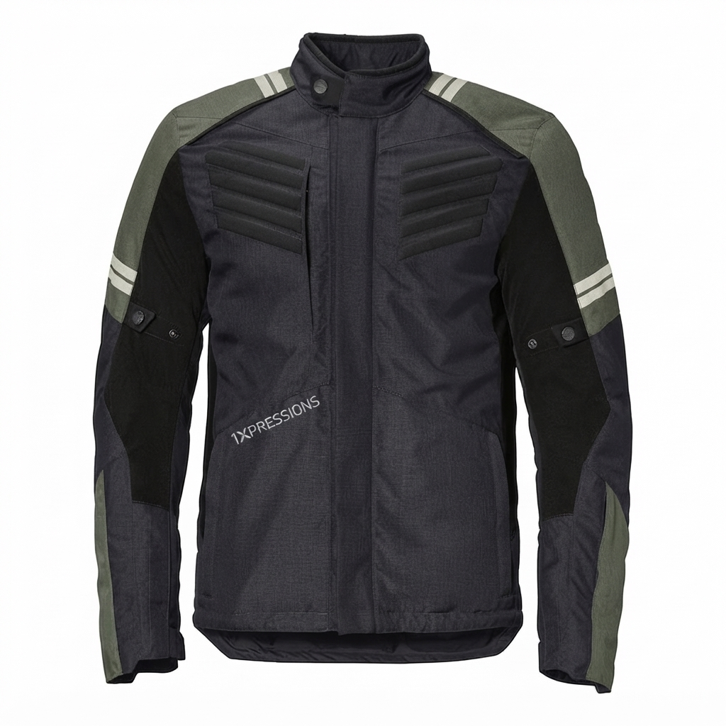 1Xpressions Men's All-Weather Motorcycle Riding Jacket – Charcoal & Olive with Reflective Accents