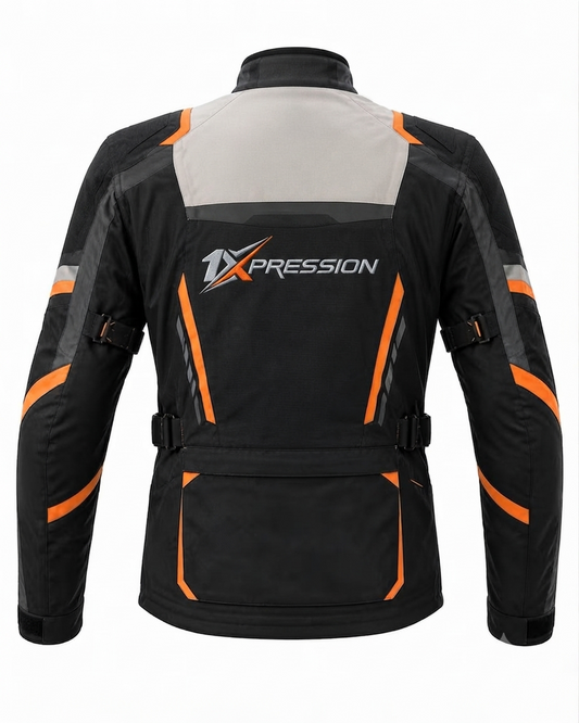 1XPRESSION All-Weather Adventure Touring Motorcycle Jacket - Black, Grey & Orange