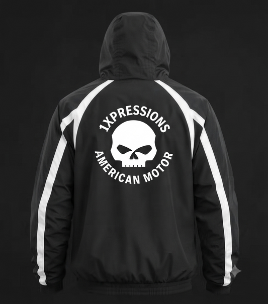 1XPRESSIONS "American Motor" Men's Hooded Windbreaker Jacket – Black & White