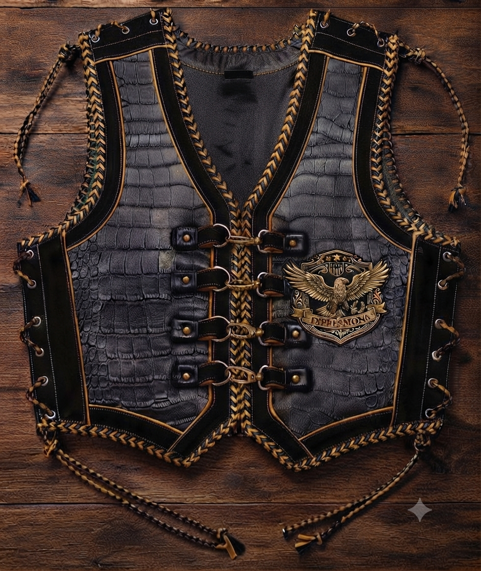 Premium Embossed Leather Biker Vest - Men’s Motorcycle Riding Vest with Eagle Patch & Side Laces