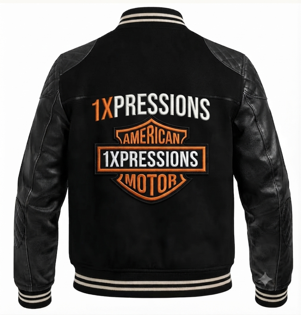 1XPRESSIONS" Custom Biker-Style Varsity Jacket – Black Wool & Leather