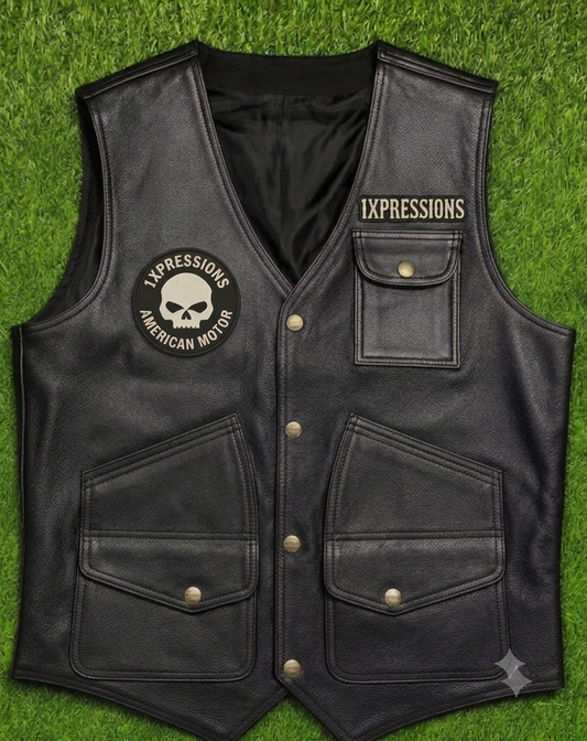1Xpressions "American Motor" Premium Black Leather Motorcycle Vest – Dual-Sided Skull Branding