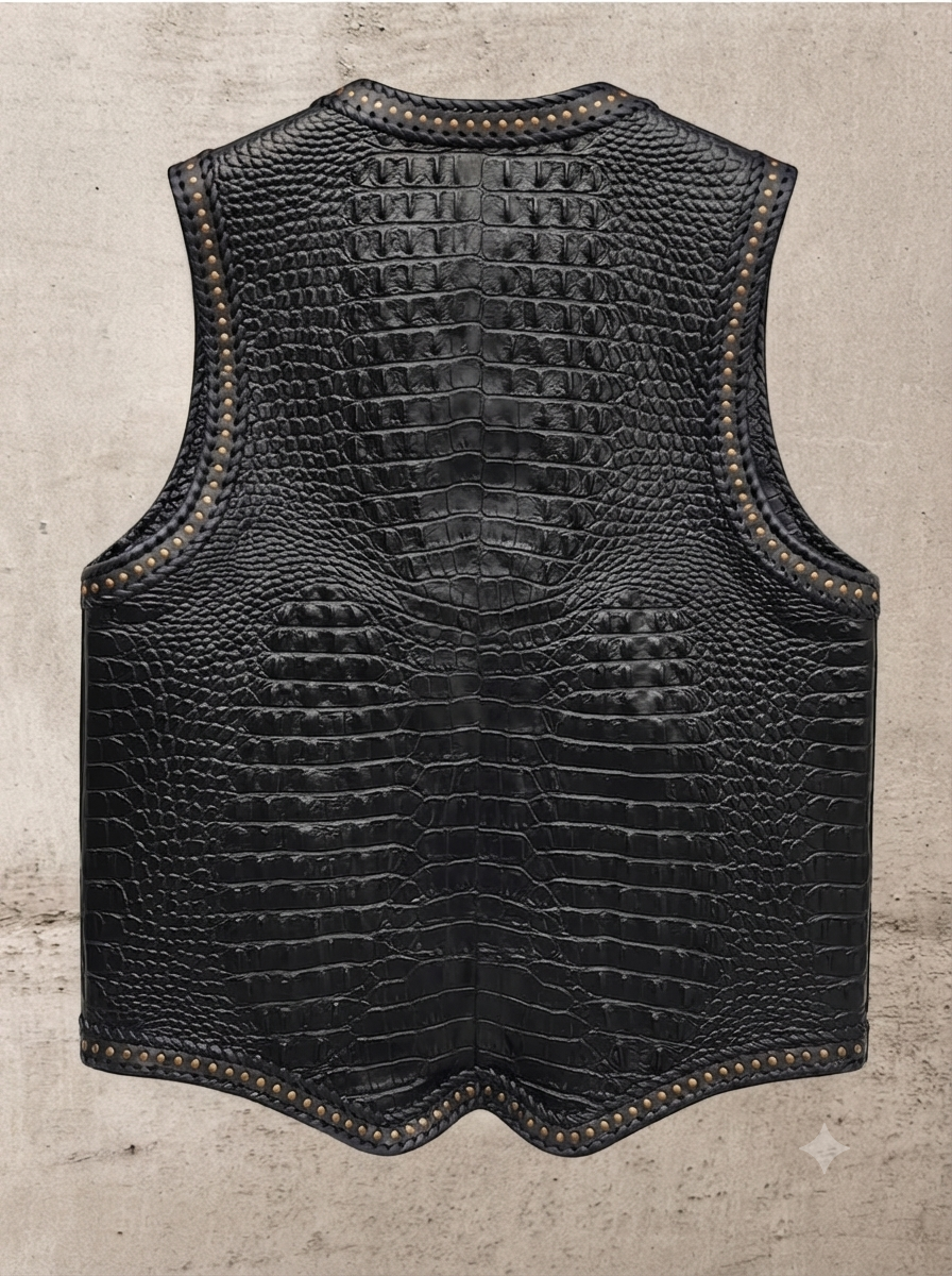 Handcrafted Genuine Black Crocodile Leather Men's Vest with Studded Braided Trim