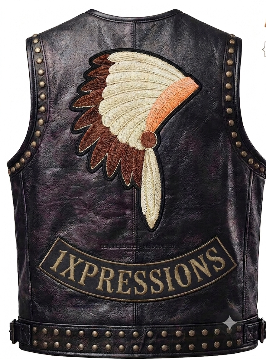 Men’s Leather Biker Vest – Distressed Black Motorcycle Club Cut with Headdress Patch – 1xpressions