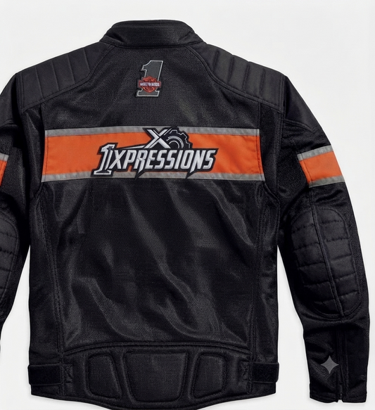 1XPRESSIONS Men's Mesh Riding Jacket – Black & Orange Embroidered Motorcycle Jacket