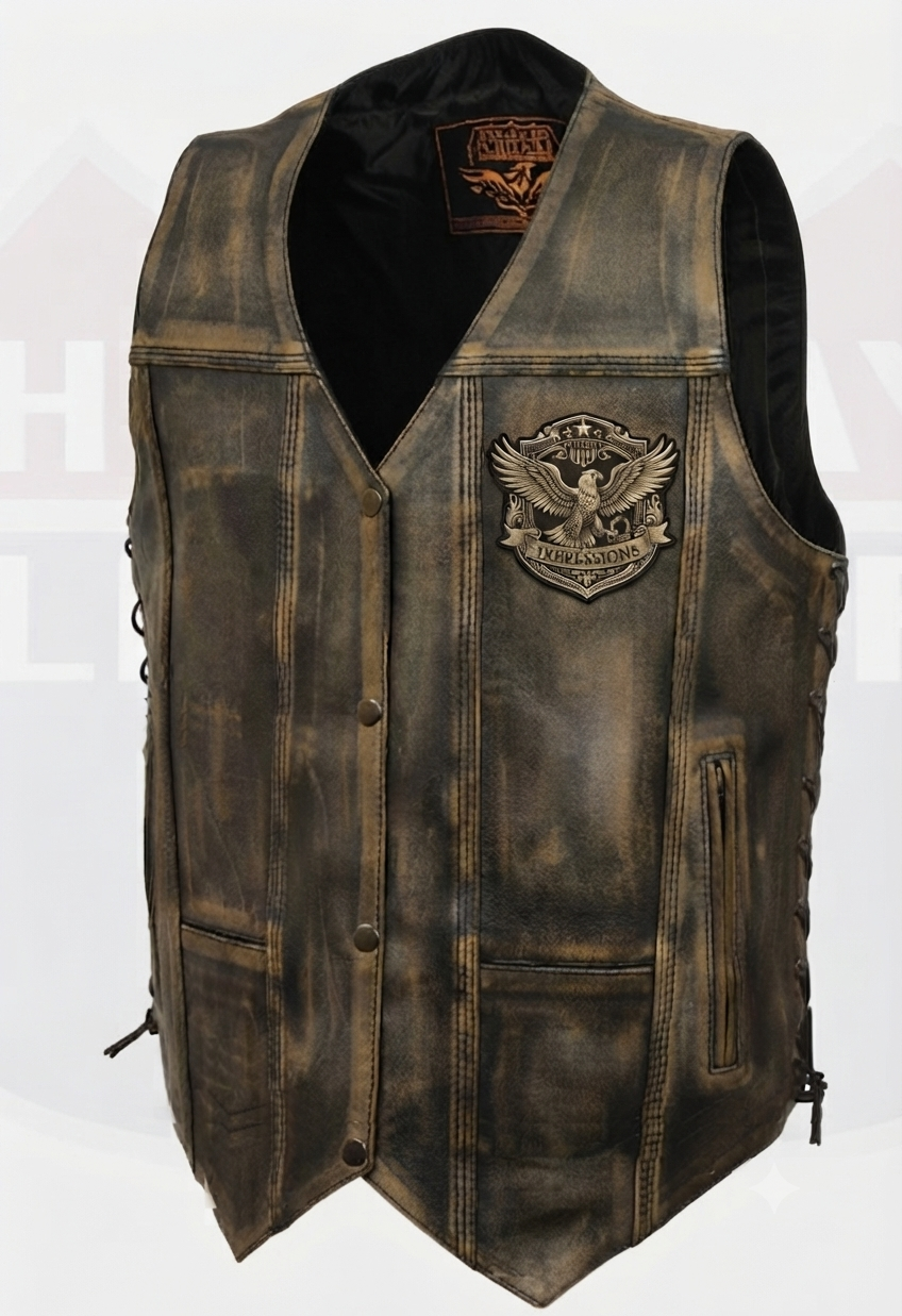 This version features a smaller emblem on the chest. The vest has a button-up front closure, multiple pockets, and lace-up details along the sides for adjustability.