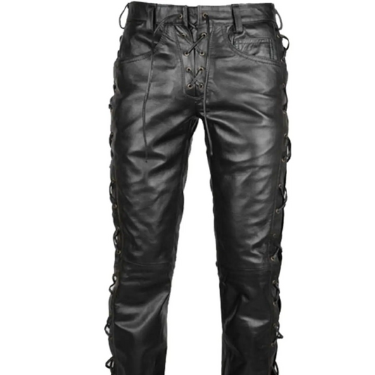 Genuine Black Leather Biker Pants, Side and Front Laces Up Bikers Jeans, Motorcycle Leather Trousers, New Lace up Style, Gift for Riders Gift for Racers Real Black Leather Pant Gift for Bikers Handmade Pant Motorbike Clothing Motorcycle Pants