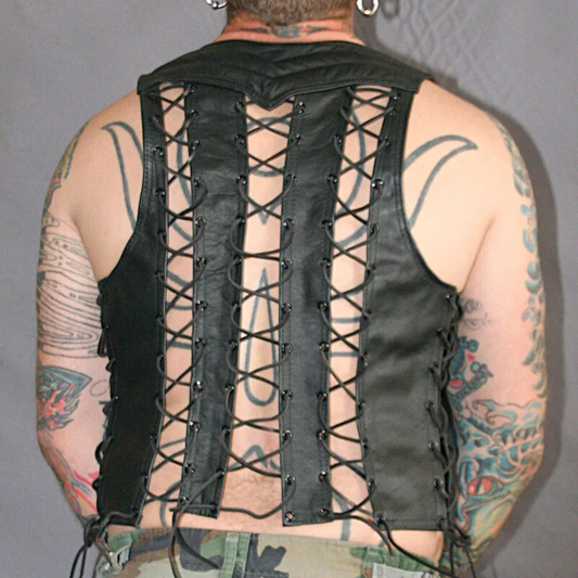 Men's Real Leather Bartender Vest Quilted Panels, Laces Up, & Colored Trims - Stylish Bar Vest