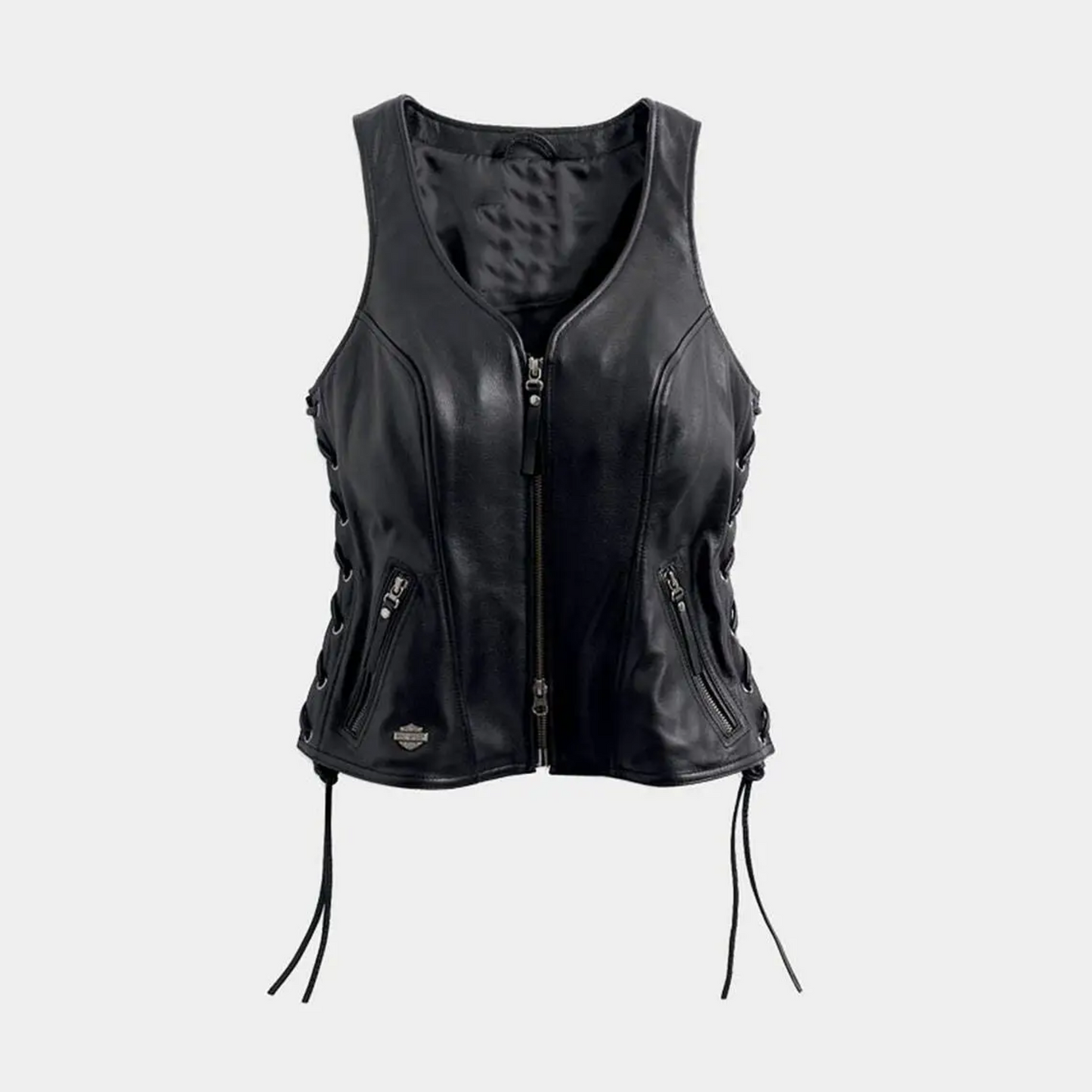 Women's Real Leather Harley Davidson Biker Vest Lace-Up Sides & Zipper Front