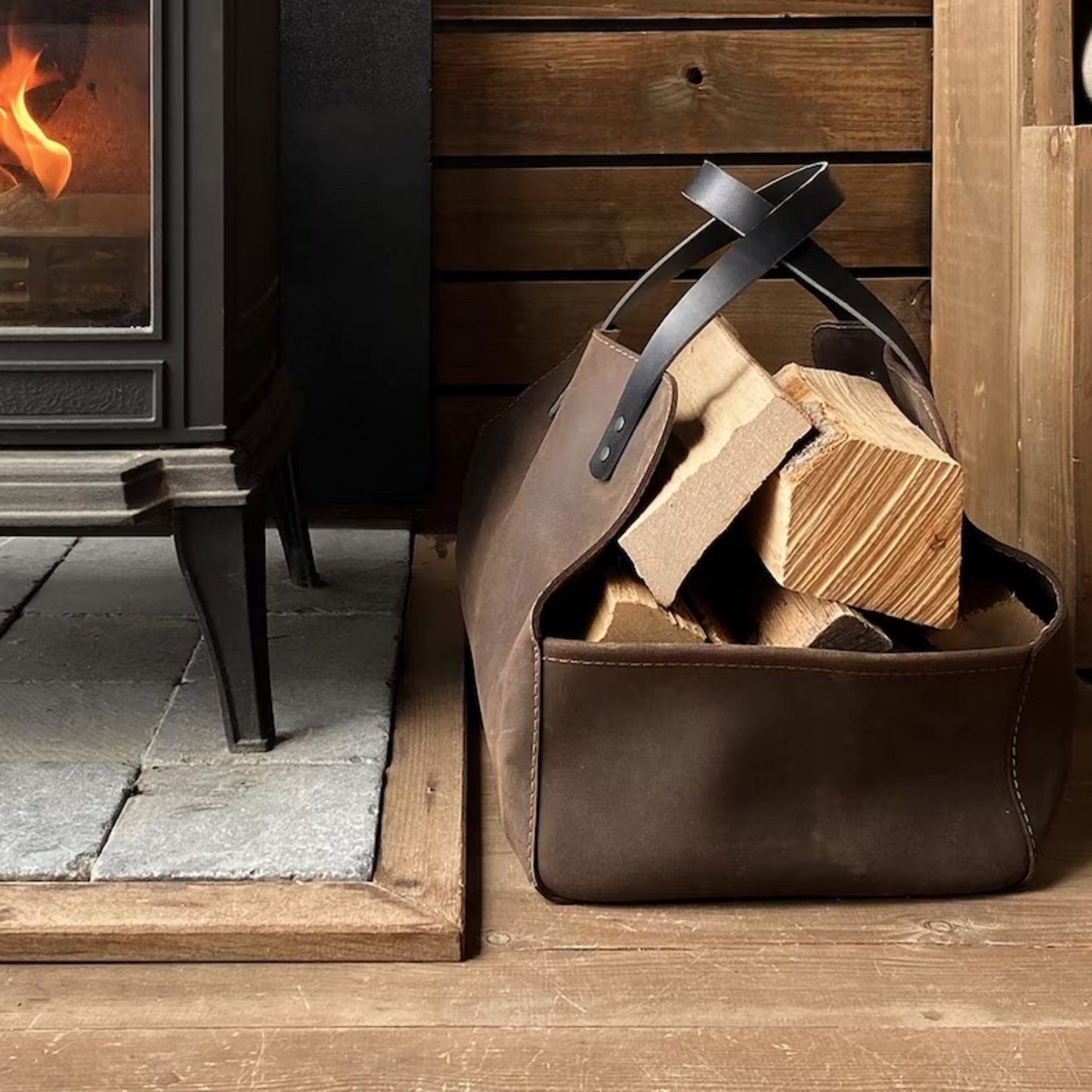 Cesta de cuero real con troncos de madera, portador de leña hecho a mano, regalo para ella, regalo para novia, tronco de almacenamiento de madera de cuero vintage, regalo de organización del hogar para él