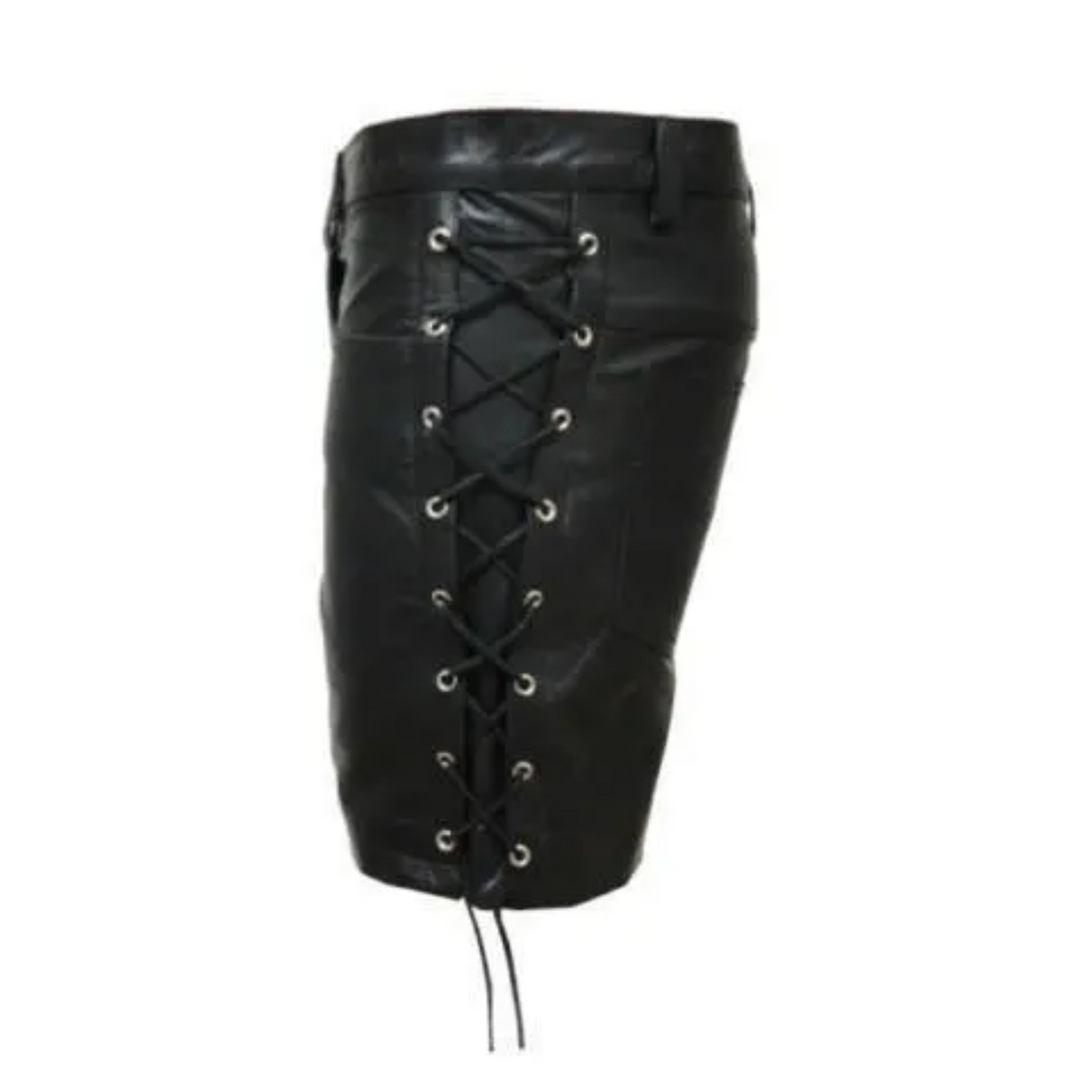 Leather Shorts For Men With Unique Side Lace Design And Button And Zip Closer