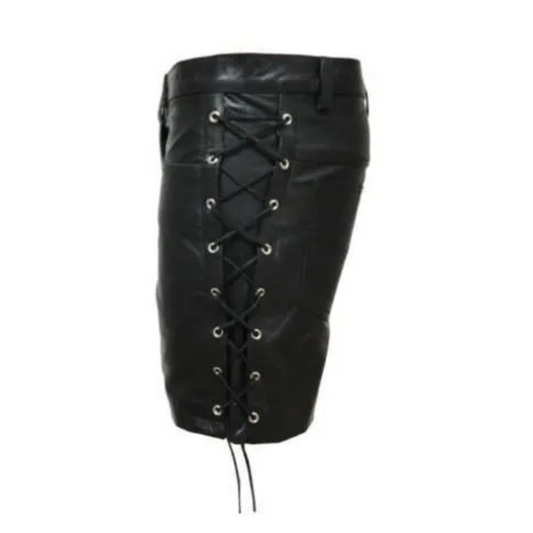 Leather Shorts For Men With Unique Side Lace Design And Button And Zip Closer