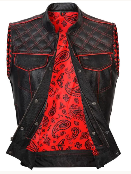 Premium Men's Leather Biker Vest with Red Stitching and Paisley Lining