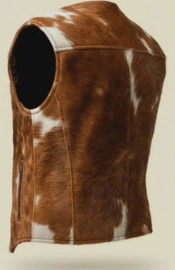 Western Cowhide Leather Vest – Brown & White Unisex Waistcoat