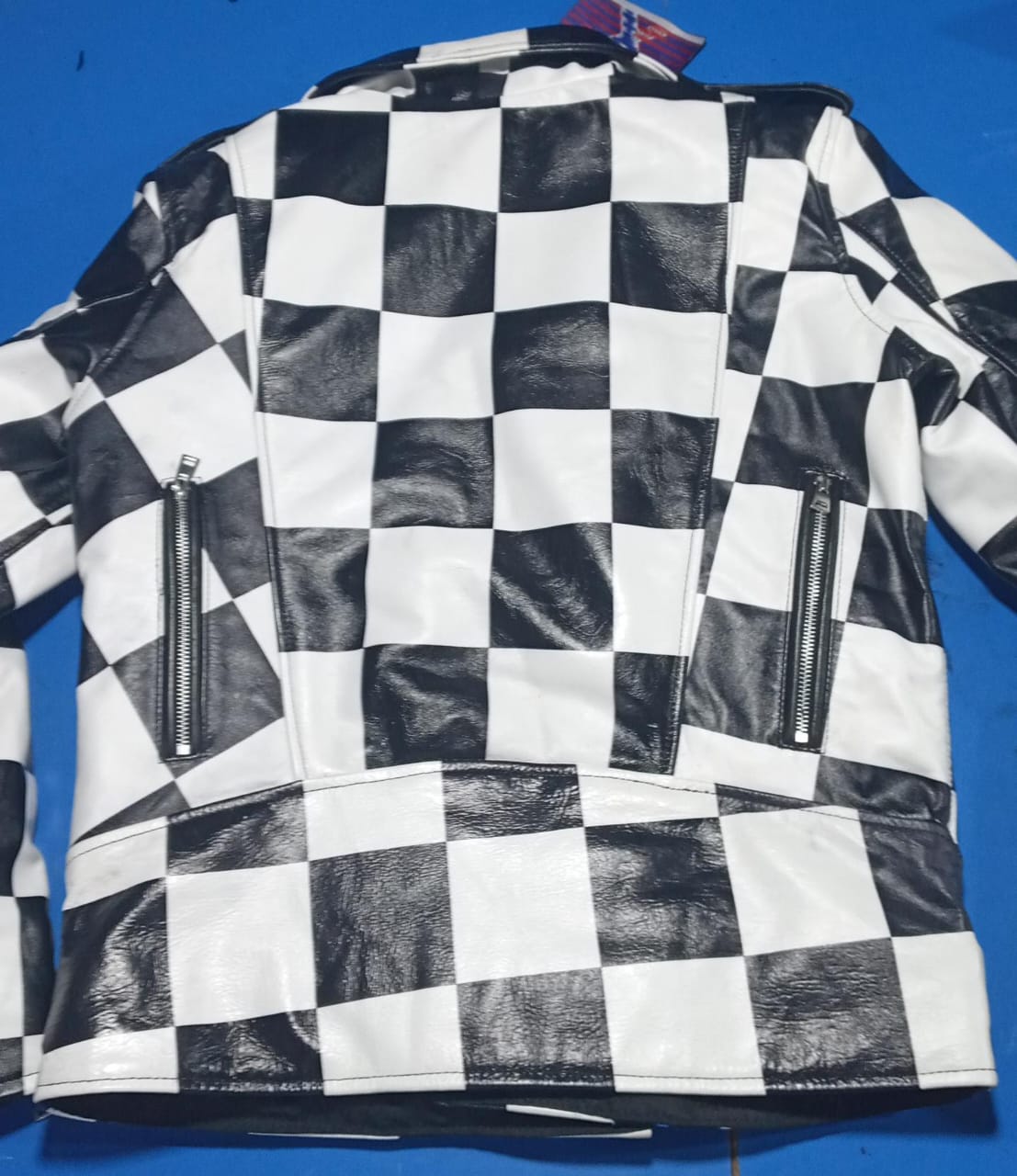 Men's Bold Checkerboard Leather Biker Jacket – Black & White Mono Racing Moto Jacket with Adjustable Belt and Asymmetrical Zippers