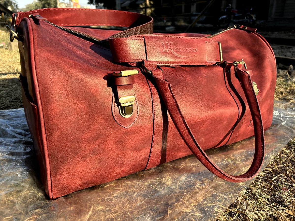 Classic Deep Red Leather Duffle Bag