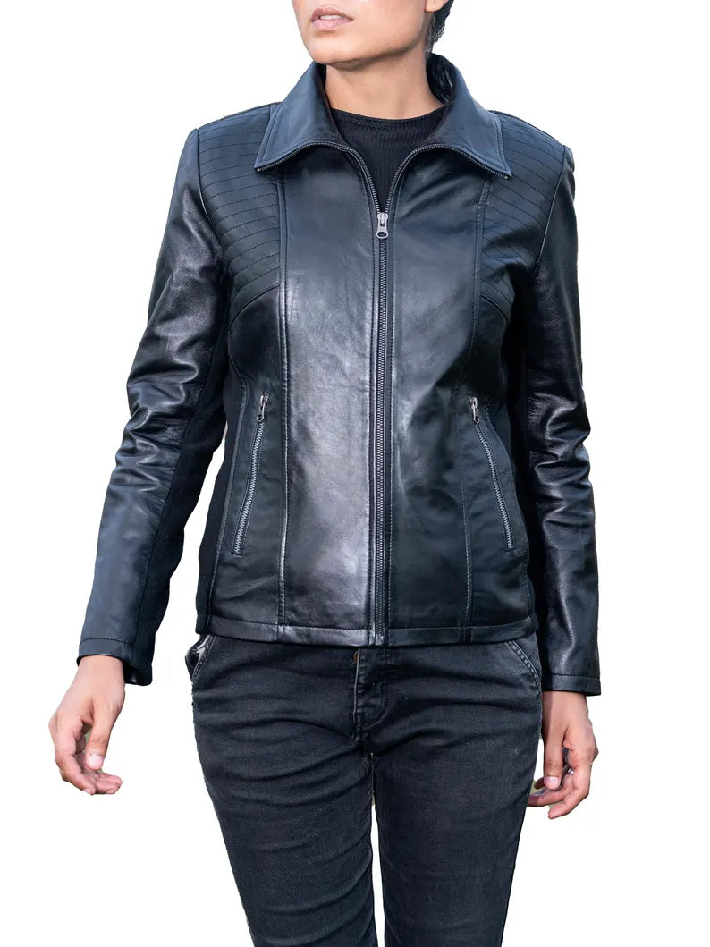 Women's Quilted Accent Genuine Leather Jacket with Side Panels